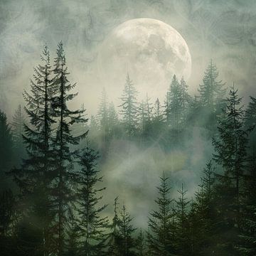 Mist in het maanlicht - Mystiek bos van Poster Art Shop
