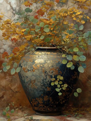 vaas bloemen | Golden Vase with Round Leaves