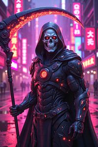Fantasy Cyberpunk Wandbild: NEON GRIM REAPER - Der Cyberpunk-Todbringer der Nacht