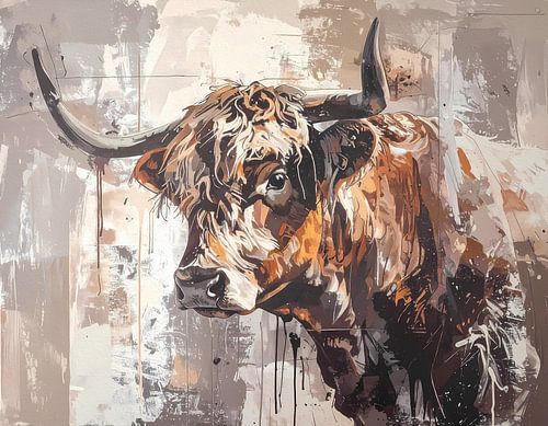 Schotse hooglander met hoorns - kunstwerk in taupe beige creme r