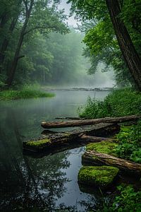 Ruhiger nebliger Fluss im Wald