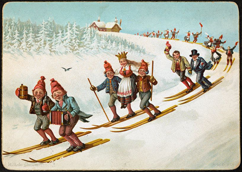 Julekort med bondebryllup og ski, Wilhelm Larsen van De Canon