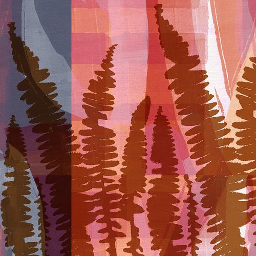 Varensbladeren in bruin op roze, lila, taupe.