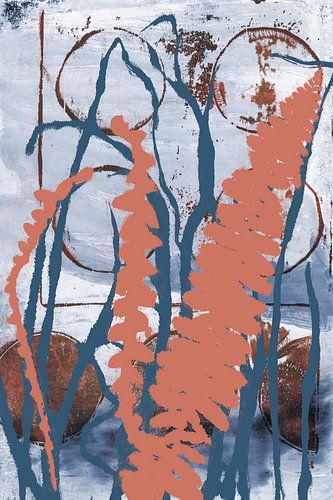 Abstract Botanisch Bohemen. Een modern-chique mix van varenbladeren en gras in Terra en blauw