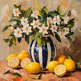 Ein sonniges Stillleben aus Blumen und Zitronen von Lauri Creates