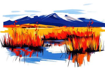 Colourful landscape with mountains and water by Frank Heinz