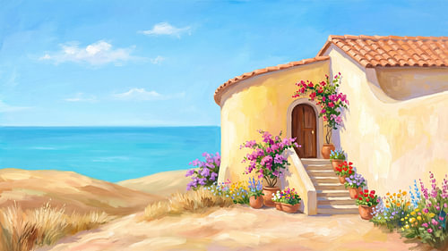 Cottage méditerranéen en bord de mer, en pleine floraison
