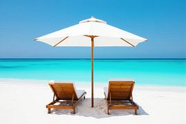 Beach Scene: White Umbrella, Wooden Lounge Chairs, and Turquoise by Markus Gann
