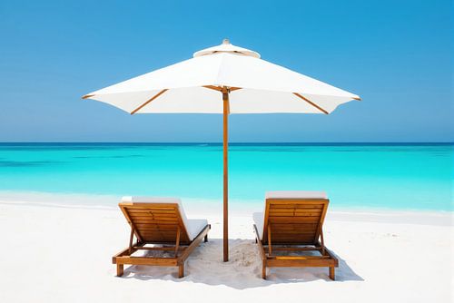 Strandtafereel: Witte parasol, houten ligstoelen en turkoois