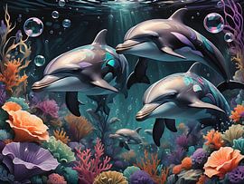 Dolphins swim through a colourful coral reef