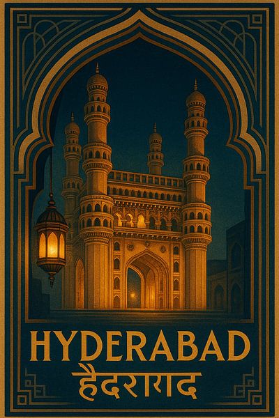 Hyderabad Vintage Poster – Charminar Monument &amp; Night Architecture Art by Travel Shop