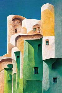 Spanische weiße Stadt, Pueblos Blancos, Alhambra, Geometrie, weiße Gebäude, minimalistisch, Malerei