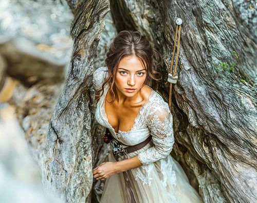 bruid die op ruige rotswanden klimt