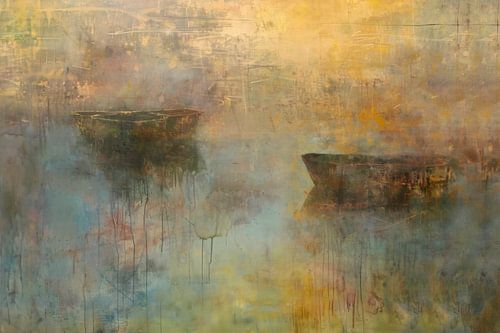 Mystical Waters – Abstract Schilderij met Boten en Mist