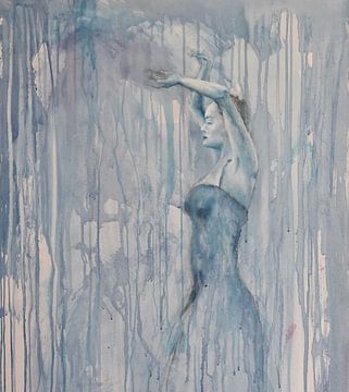 Dancing in the rain, danseres vrouw abstract schilderij van Jos van de Venne