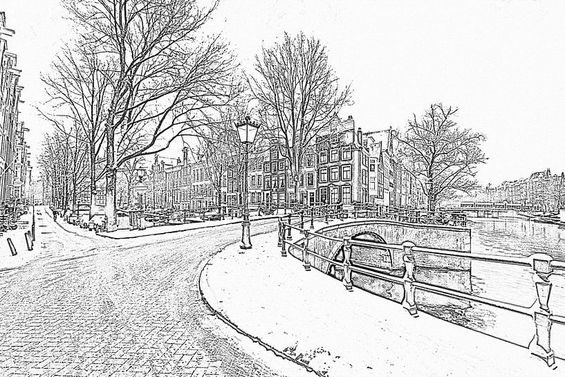 Pentekening van besneeuwd Amsterdam in de winter in Nederland van Eye on You