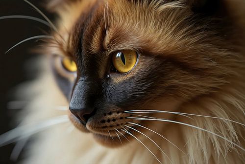 Brown cat with yellow eyes showing its whiskers and long fur