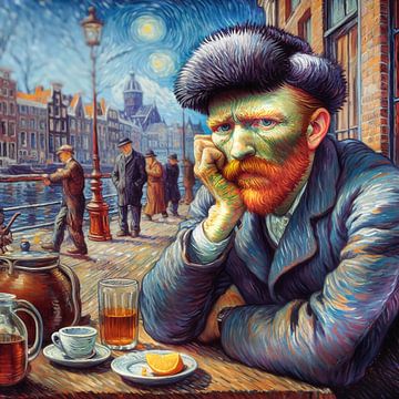Vincent van Gogh met muts op terrasje