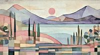 Abstrakte Landschaft mit Sonne, Bergen und großem See
