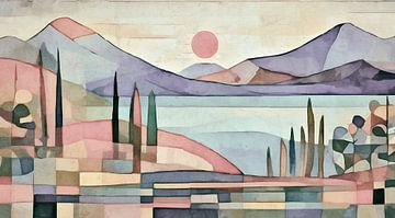 Abstract landschap met zon, bergen en groot meer van Anna Marie de Klerk