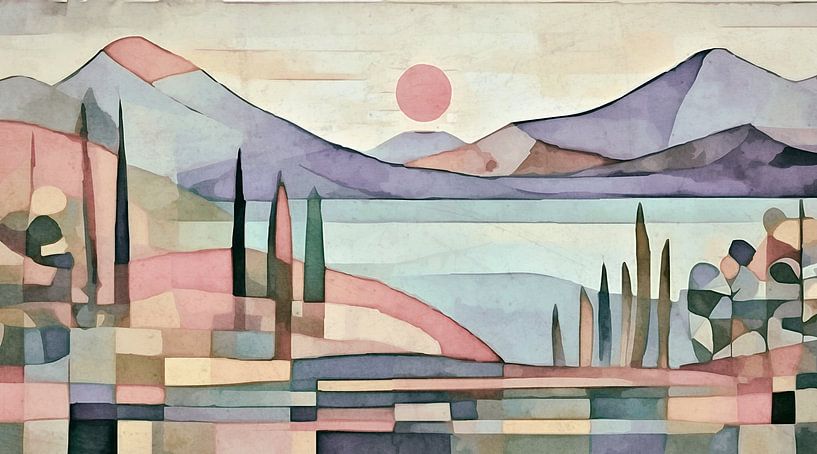 Abstrakte Landschaft mit Sonne, Bergen und großem See von Anna Marie de Klerk