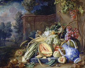 Stilleven met groenten en fruit voor een tuinbalustrade, Cornelis de Heem