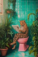 Lion relaxes in the colourful bathroom