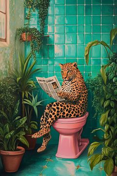 Leeuw ontspant in de kleurrijke badkamer van Poster Art Shop