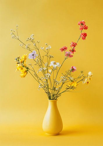 Flower bouquet in yellow vase on yellow background