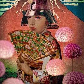 Japanse schoonheid, berg Fuji, libelle, kimono en dahlia’s van Blikstjinder by Betty J