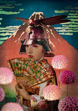 Japanse schoonheid, berg Fuji, libelle, kimono en dahlia’s van Blikstjinder by Betty J