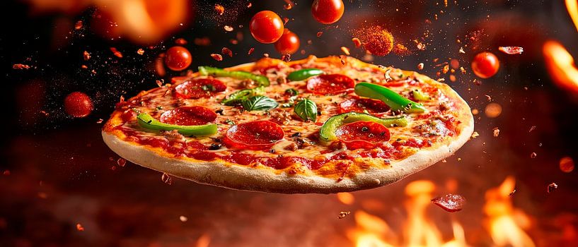 Flying pizza with fresh toppings by Poster Art Shop