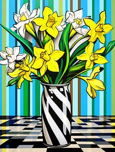 Stillleben Narzissen Strauss Vase Streifen Pop Art modern