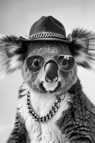 Modieuze koala met hoed en bril in zwart en wit