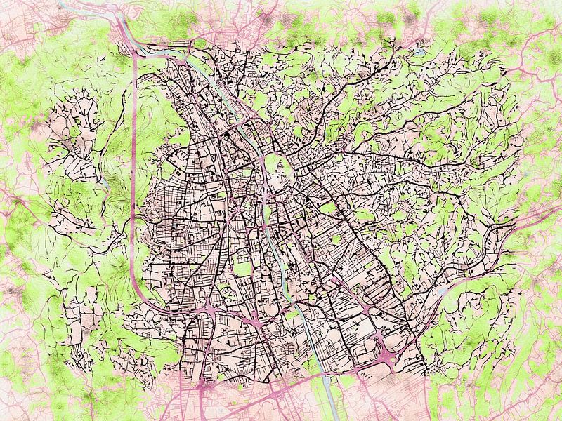Map of Graz with the style 'Soothing Spring' by Maporia