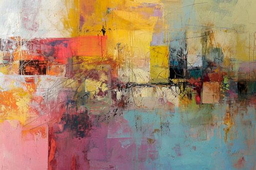 Abstract schilderij, geel, rood, roze, wit en zwart.