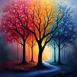 Lebendiger Fantasiewald mit ätherischen Bäumen, einem mystischen Fluss und wechselnden Jahreszeiten in Farbe