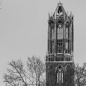 Der schneebedeckte Dom von Utrecht vom Moreelsepark aus. (stehend, rechts im Bild, schwarz-weiß) von André Blom Fotografie Utrecht
