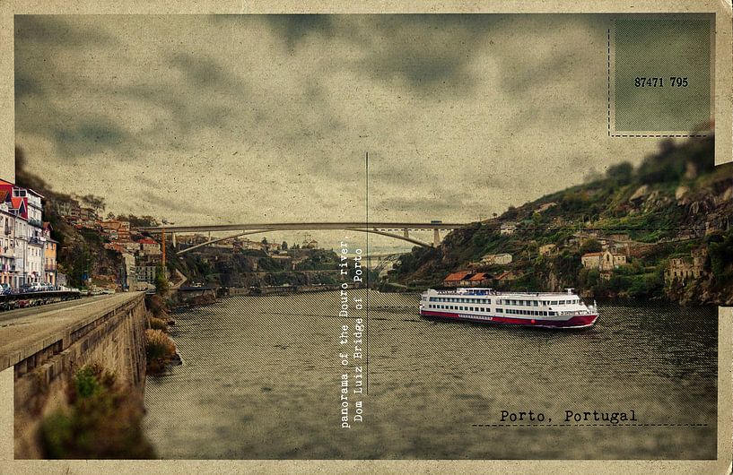 oude retro postkaart van de rivier de Douro,  Porto, Portugal van Ariadna de Raadt-Goldberg