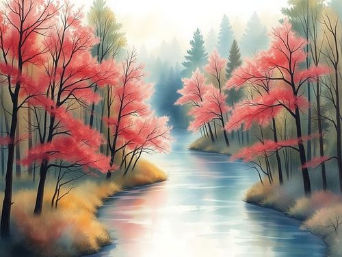 Sereen rivierlandschap in de herfst - Levendige rode bomen en mistig bos Canvas Print