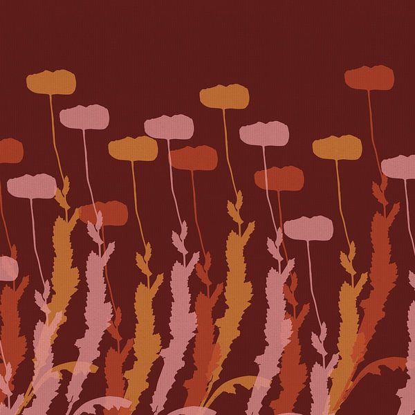 Poppies in pink, orange, ochre. Autumnal botanical by Dina Dankers