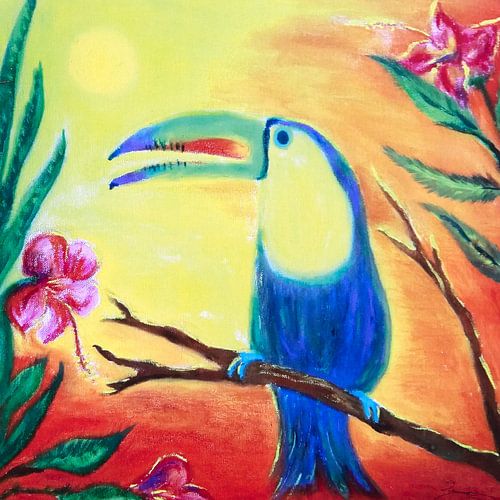 Tropische toekan met hibiscusbloemen