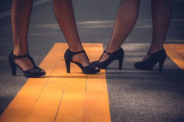 Twee elegante vrouwen in hooggehakte zwarte schoenen en sexy visnet kousen van Denny Gruner