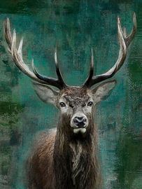 Hirsch Gemälde grün abstrakt im Hochformat von Atelier UNBUNT