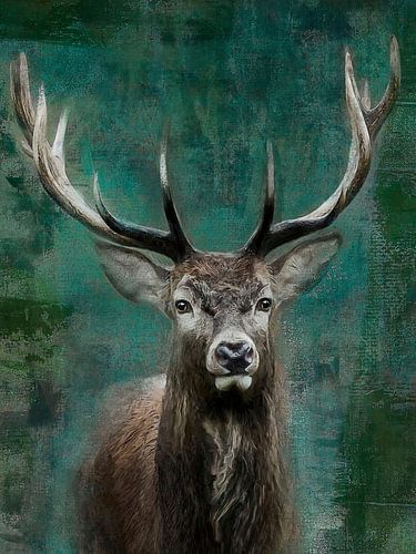 Hert schilderij groen abstract in staand formaat