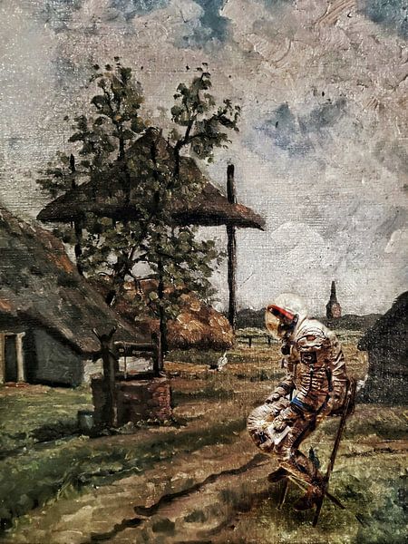 Waiting for departure (schilderij van astronaut bij boerderij) van Ruben van Gogh - smartphoneart