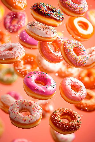 Kleurrijke donuts in de lucht - zoete verleiding