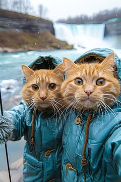 Nieselregen Schnurrer: Abenteuerlustige Katzen am Wasserfall von Felix Brönnimann