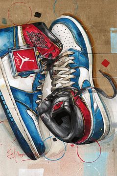 Nike air Jordan 1 Union Los Angeles blue toe schilderij van Jos Hoppenbrouwers
