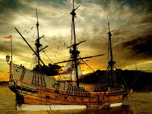 Schip van vroeger bij zonsopkomst. (Faded Glory)